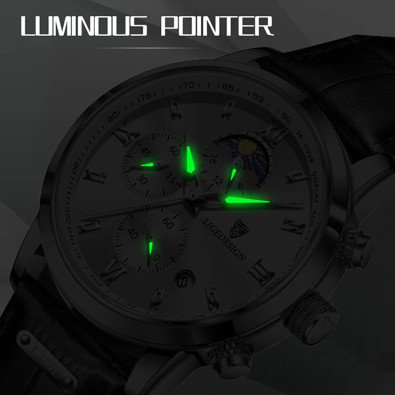 LIGE Brand Luxury Classic Leather Men\'s Watch Quartz Watch Date Chronograph Simple Daily Wear Watch for Men relogios masculino