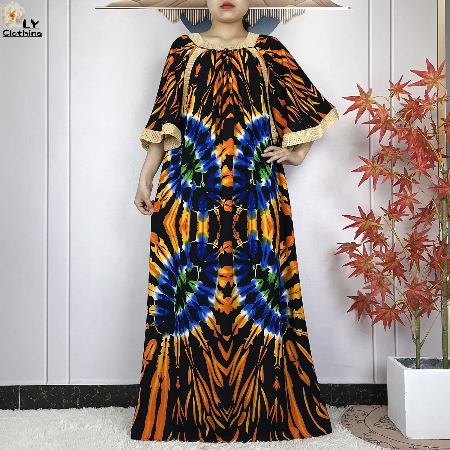 New Muslim Dress Woman Short Sleeve Dashiki African Abaya Tie-dyed Printing Cotton Loose Femme Robe Islamic Dresses With Scarf