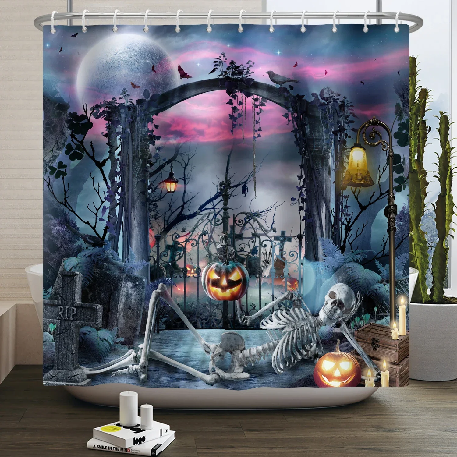 Halloween Shower Curtain Horror Moon Night Pumpkin Skull Skeleton Scary Castle Witch Ghost Cemetery Waterproof Bathroom