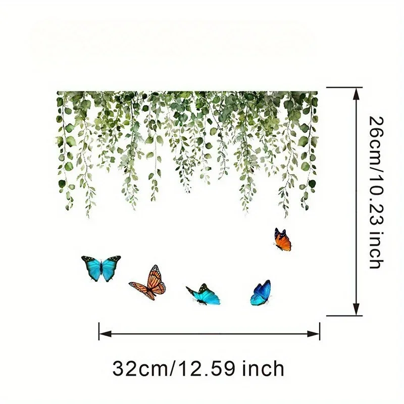 1PC Sustainable PVC Butterfly&Green Leaves Wall Decals-Waterproof Removable Stickers for Bathroom Living Room and Cabinet Decor