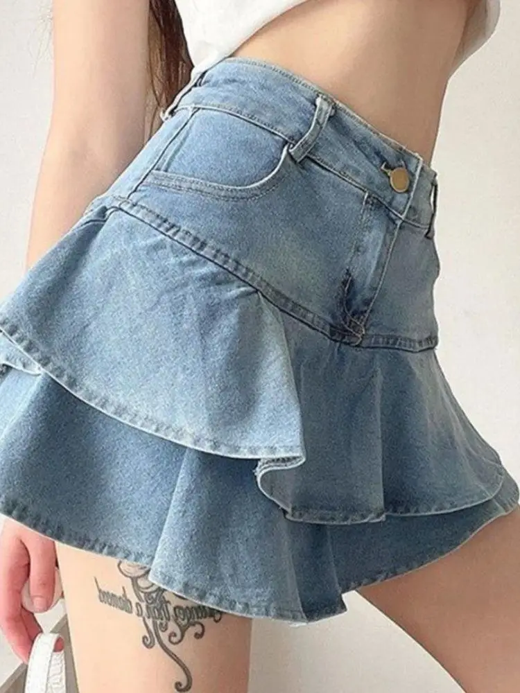 High Waist Denim Skirt with Ruffle Hem Vintage Sexy Half Length Short Skirt for Young Women Casual A-Line Skirt