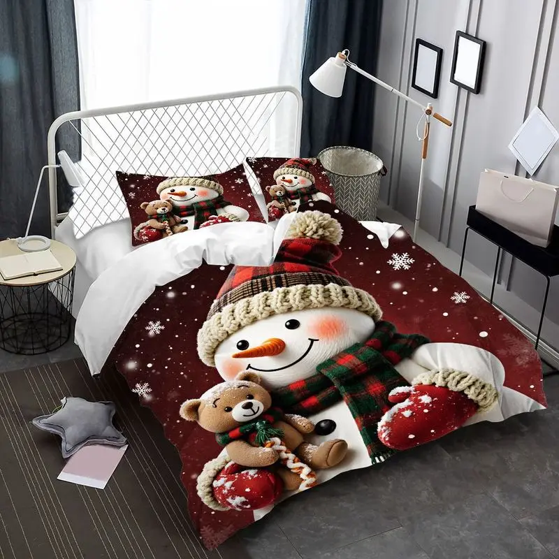 Christmas Snowman Teddy Bear Bedding Duvet Cover Set Multi Size Quilt Cover Queen Size Bedroom Bedding Decoration Machine Washable Adult Boy Girl Bedroom