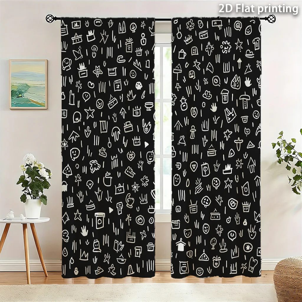 Abstract Black White Graphic Doodle Icon Curtain Window Treatment Home Decoration Room Decor Modern Style Panel Curtain