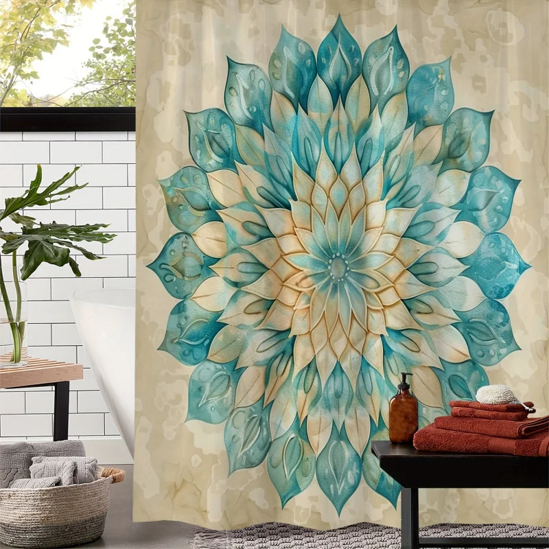 1pc Vintage Mandala Print Waterproof Shower Curtain with 12 Hooks, 72x72 inches, Versatile Use as Curtain for Windows, Blue & Be