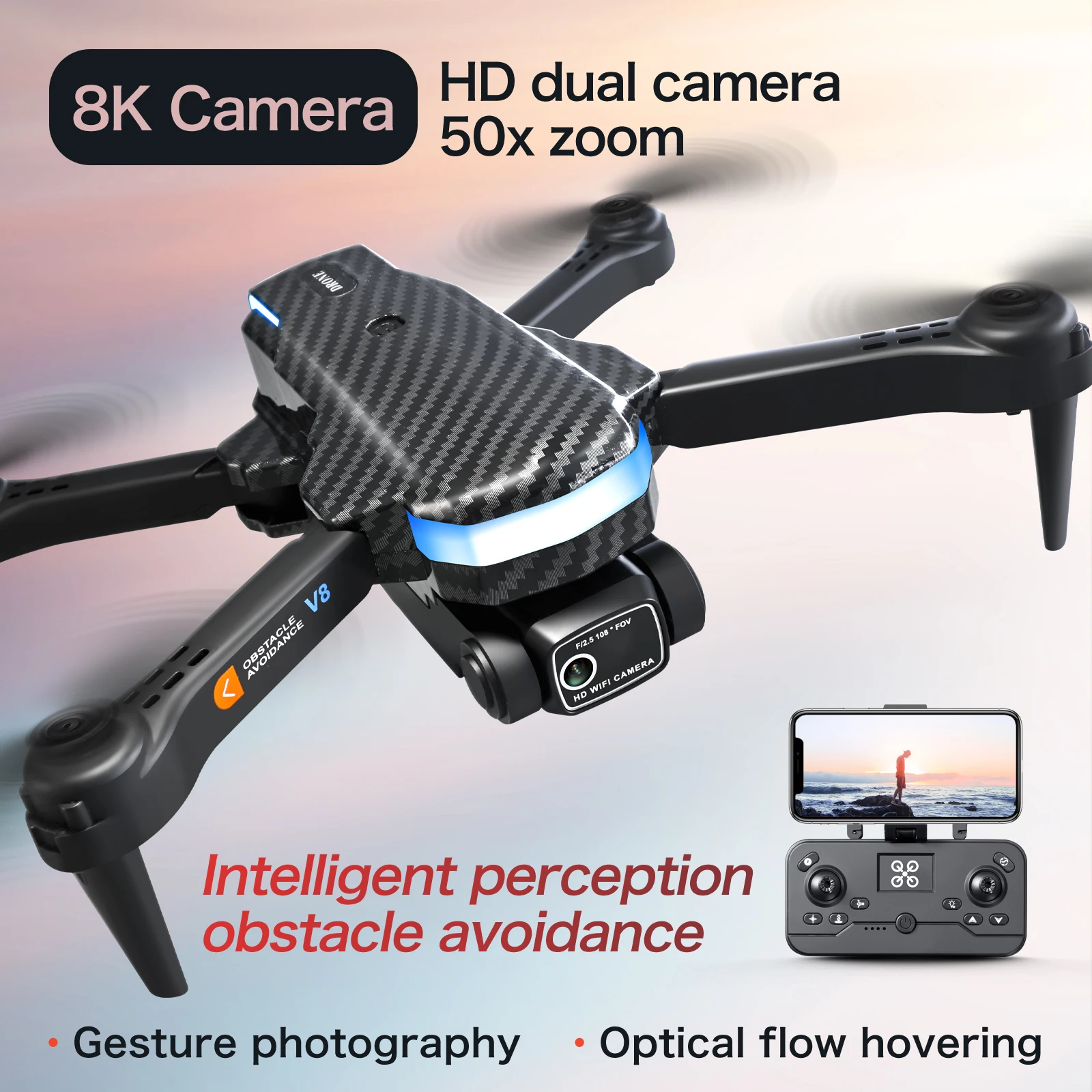 New V8 Drone Professional 8K HD Camera Mini4 Drone Three-Side Obstacle Avoidance Quadcopter Optical Flow Positioning Remote Cont