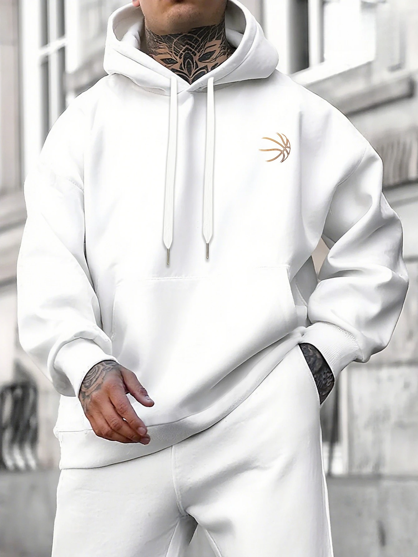 Men Sport Hip Hop Hoodie, Minimal Outline Basketball Graphic Streetwear, Russian Size Fleece Pullover Sweatshirt for Men