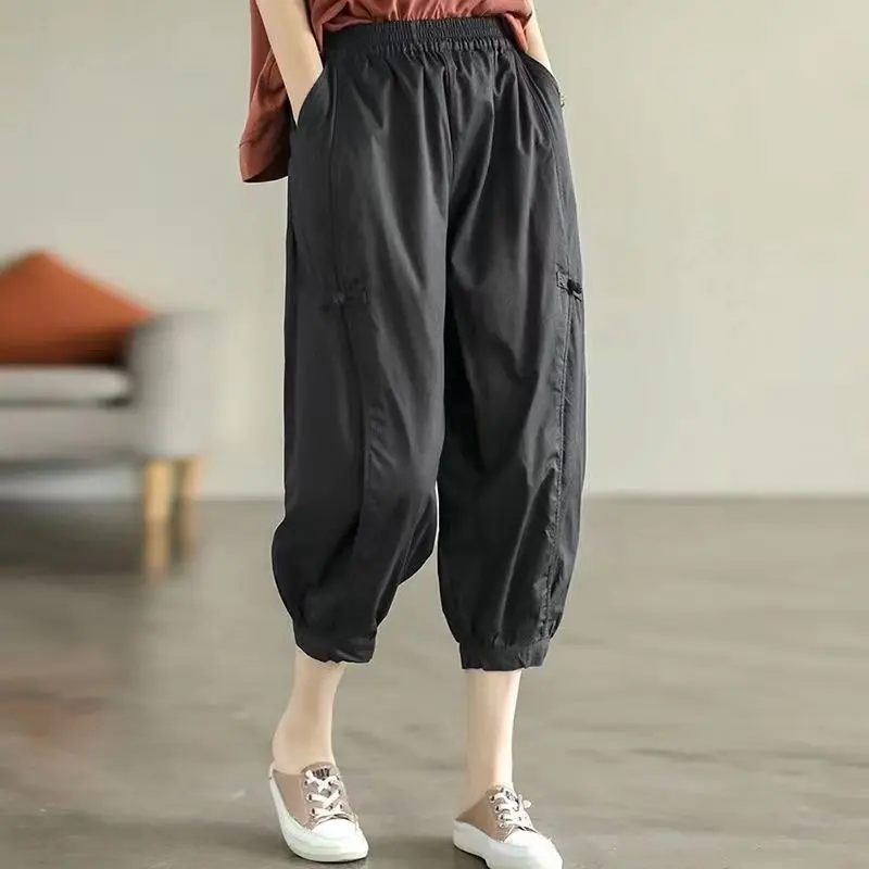 Cotton Seven Points Fashion Bloomers Trousers for Women Summer Thin Elastic High Waist Solid Color Pockets Casual Harem Pants