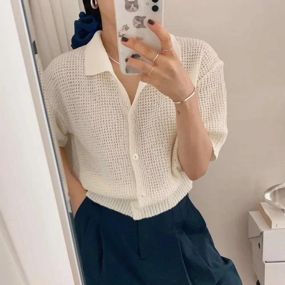 

Women's Knitted Sweater Spring Summer Korean Sle Bead Heavy Dra Ice Silk ort Sve Pure Color Turn-down Collar Open ...