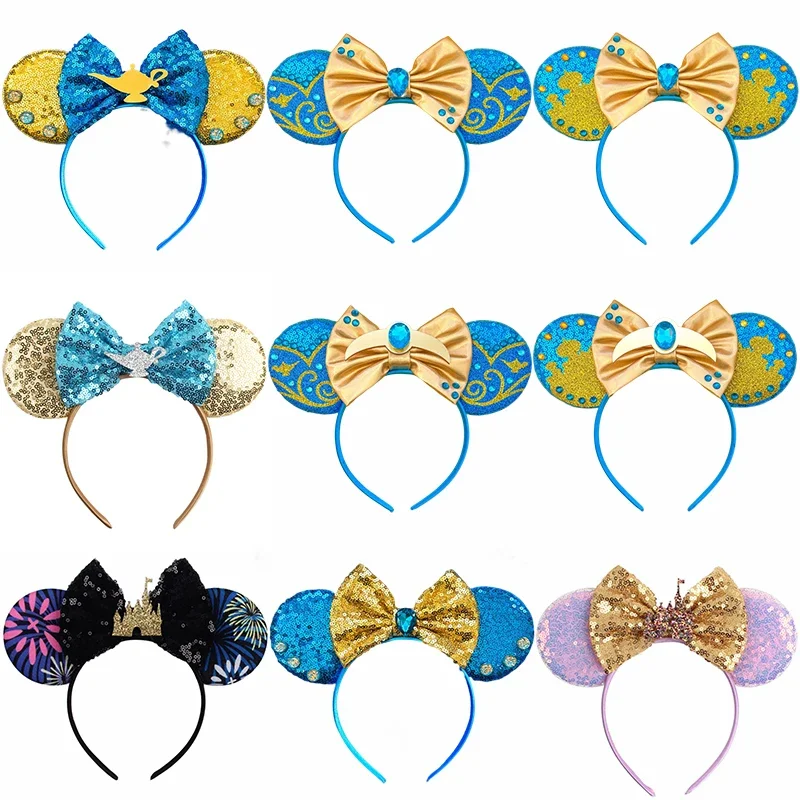 Disney Castle Mickey Mouse Ears Headbands Magic Lamp Aladdin Headband for Girls Kids Women Bow Princess Jasmine Hair Accessories