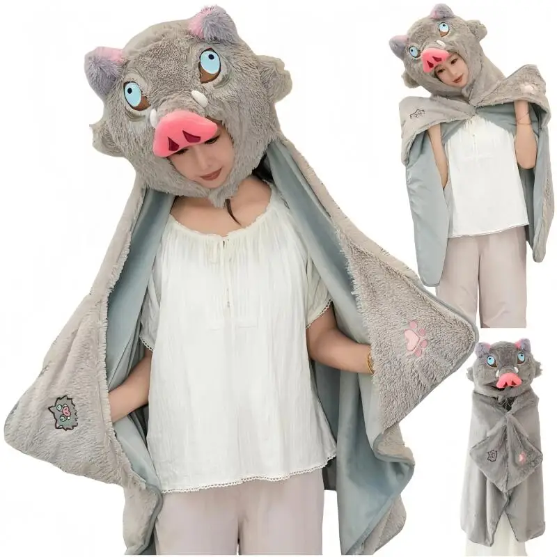 Demon Slayer Cosplay Prop Wild Boar Head Plush Hooded Blanket Hashibira Inosuke Warm Cloak Anime Nap Blanket Warm Cloak Gift