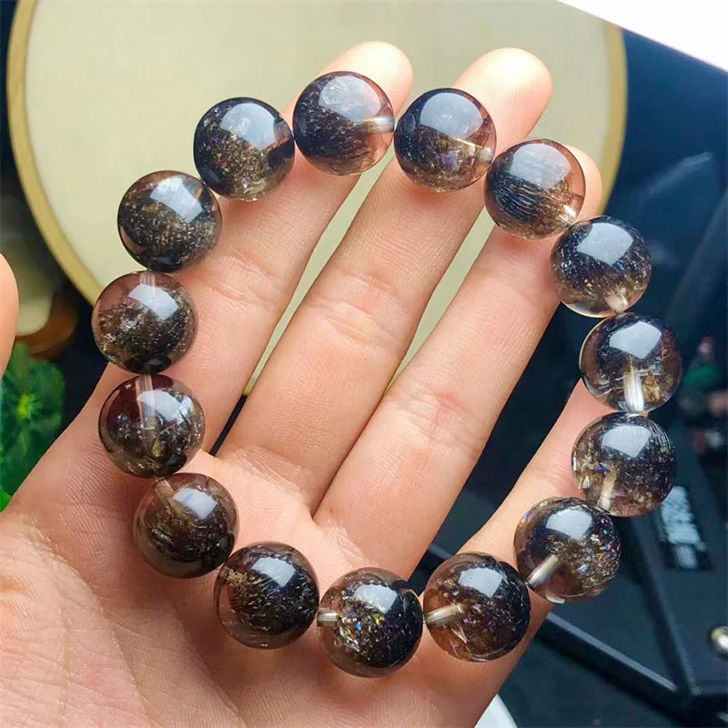 Natural Black Currant Quartz Bracelet Jewelry  Woman Man Fengshui Healing Wealth Beads Crystal Gift 1pcs 12/14MM