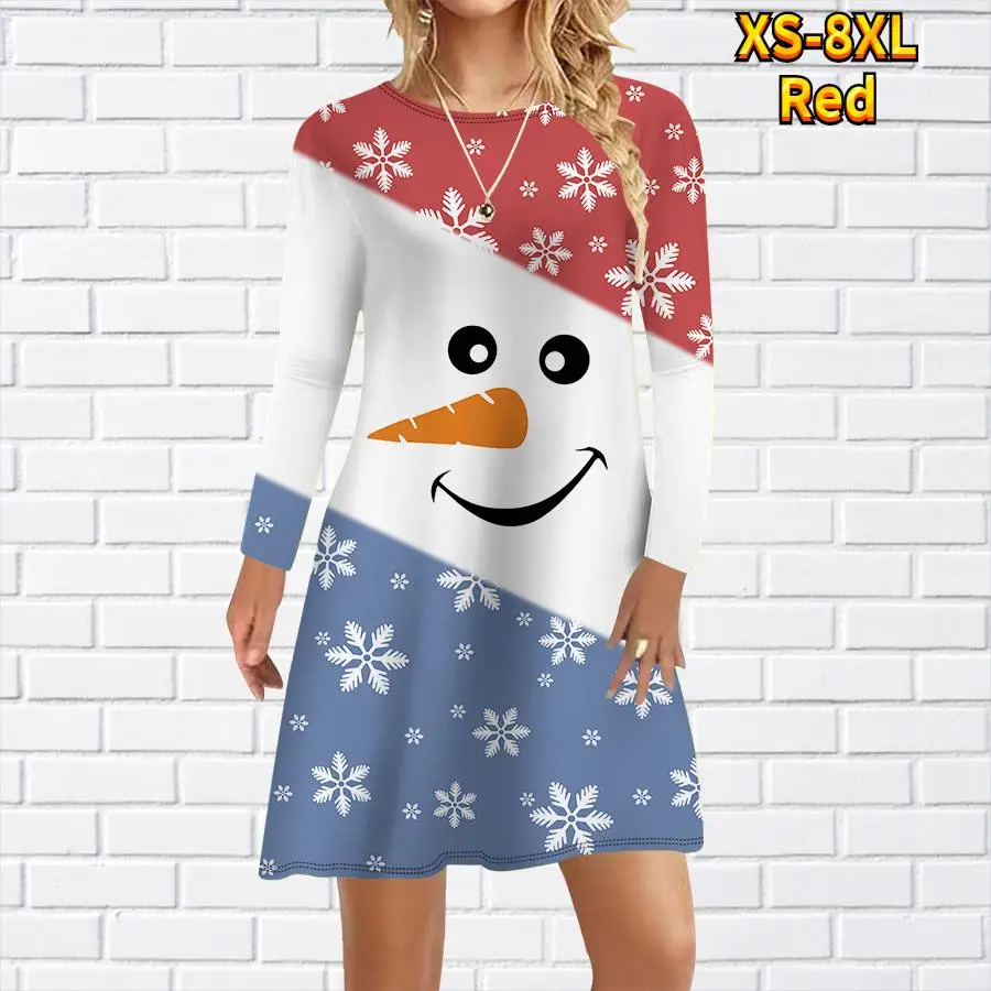 أنيقة لطيف عيد الميلاد ثلج مطبوعة فستان المرأة الصغيرة الخريف الشتاء الحلو طويلة الأكمام فضفاضة عادية فستان حفلة عيد الميلاد رداء #1
