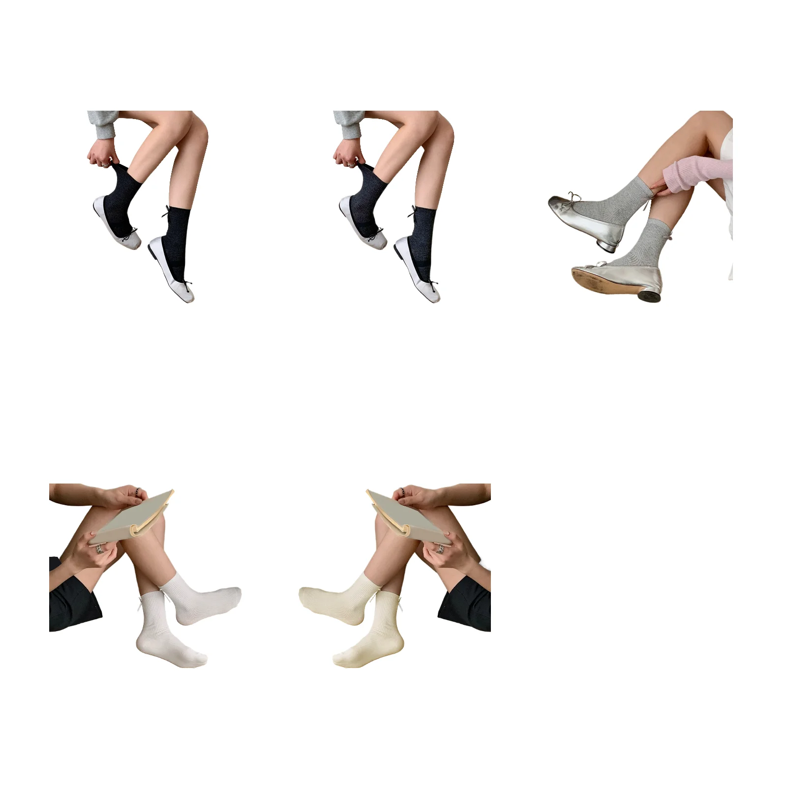 

Носки женские с двойной строчкой и бантом на каблуке, набор из 5 цветов (черный/темно-серый/серый/белый/бежевый)