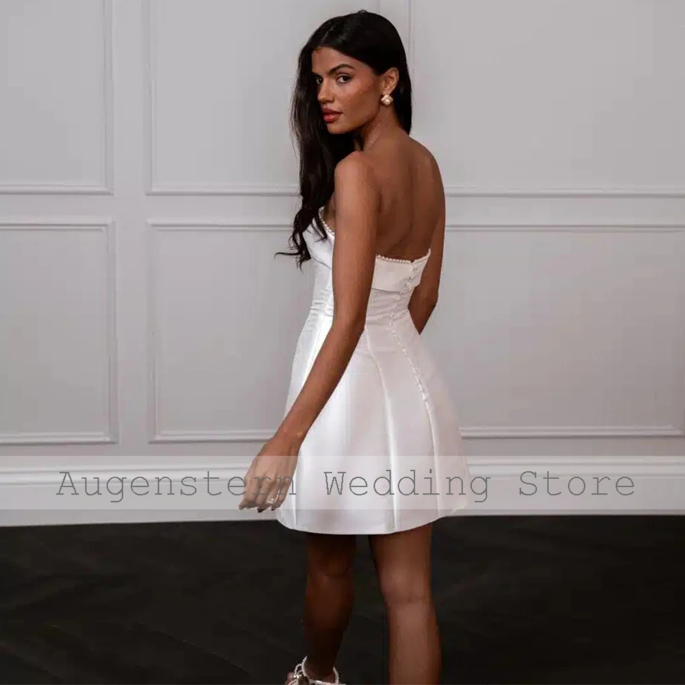 Robe de mariée trapèze en satin sans bretelles pour femmes, mini robe élégante, perles blanches, mariage civil, tempérament, 2024