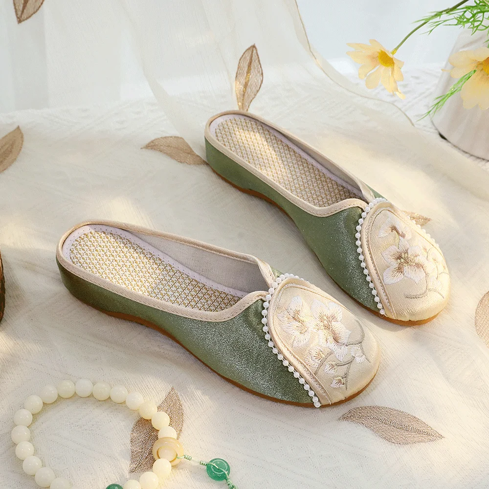 Veowalk Pantofole piatte da donna in raso di cotone lucido con ricamo cinese con perle Scarpe da passeggio estive comode e leggere