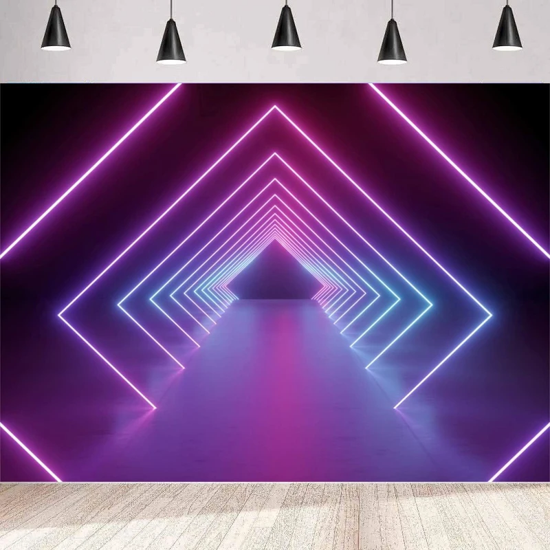 Let's Glow Neon Photography Backdrop Futuristic Square Neon Lights Tunnel Decades Background Party Backdrop Wall Banner Poster