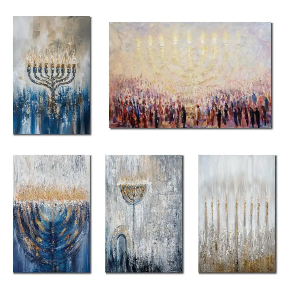 

Ручная роспись Ханука, картина маслом на холсте, Золотая Иудаика Менора, художественное освещение, свечи, Иерусалим, современный декор для столовой, большой