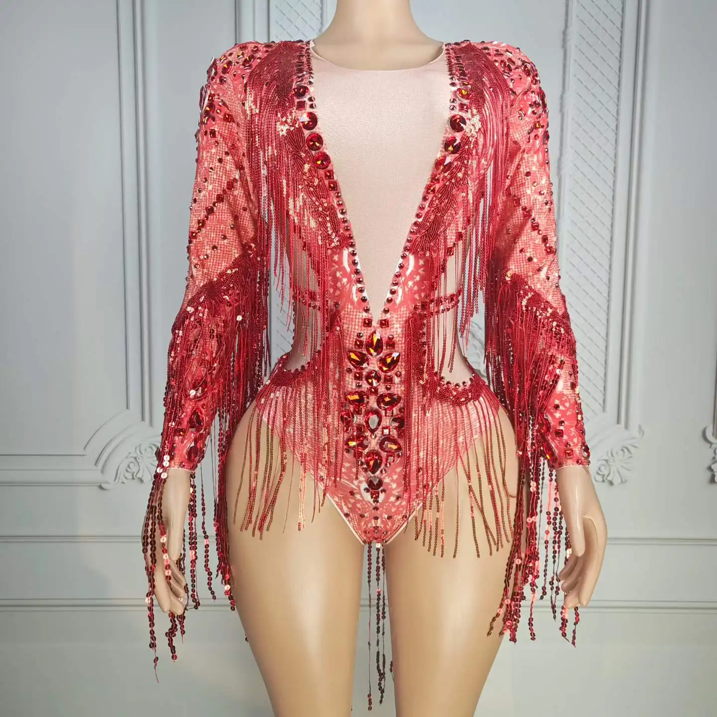 

Red Elastic Fringe Bodysuits For Women Sparkly Rhinestone Dj Ds Gogo Cheerleader Leotards