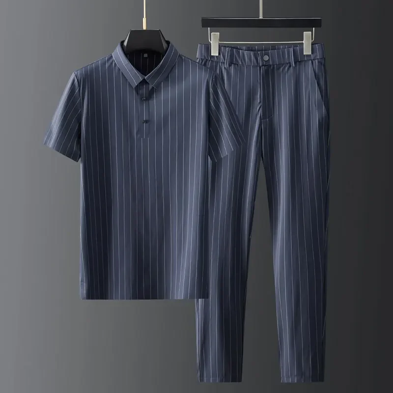 New Summer Ice Silk Mens Sets (t-shirt+pants) Luxury Short Sleeve Casual Stripe Male Sets Fashion Slim Fit Thin Man Suits 4xl