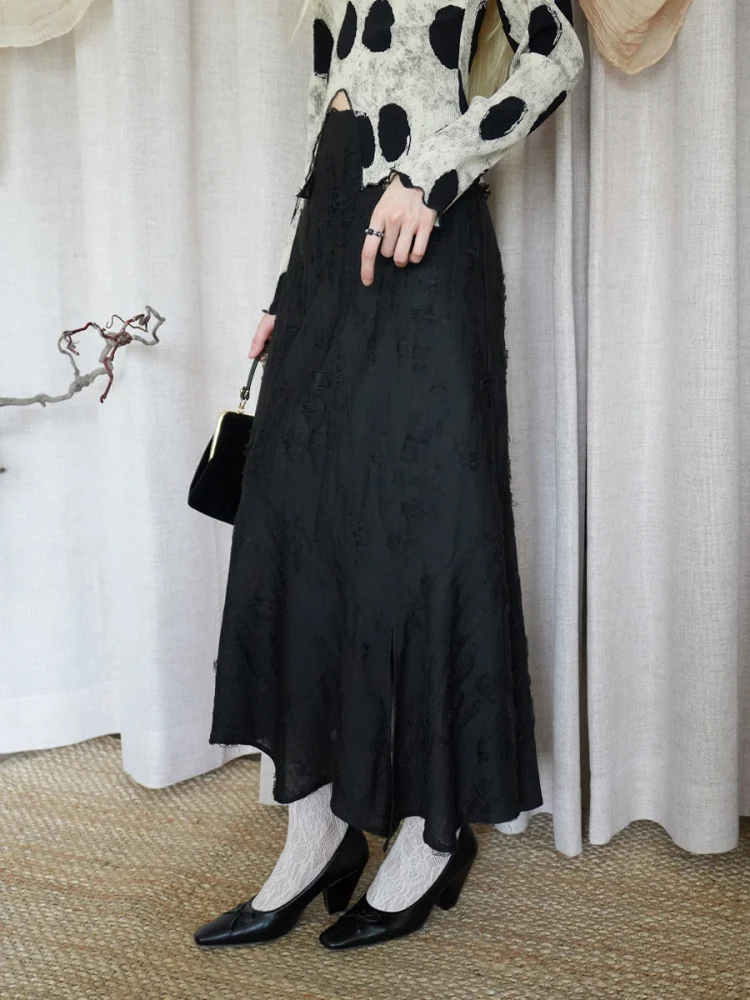 

Vintage A-Line Skirt with Cutout Design Polyester Fiber High Waist Flared Hemline Umei Bla And White f-length Skirt