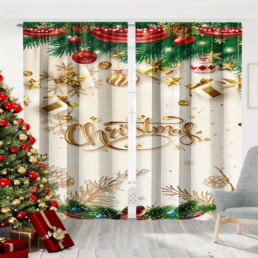 2PCS Christmas Winter Curtains, Gold Christmas Text Pine Ball Gift Star Beige, Digital Print, Bedroom Living Room, Home Decor
