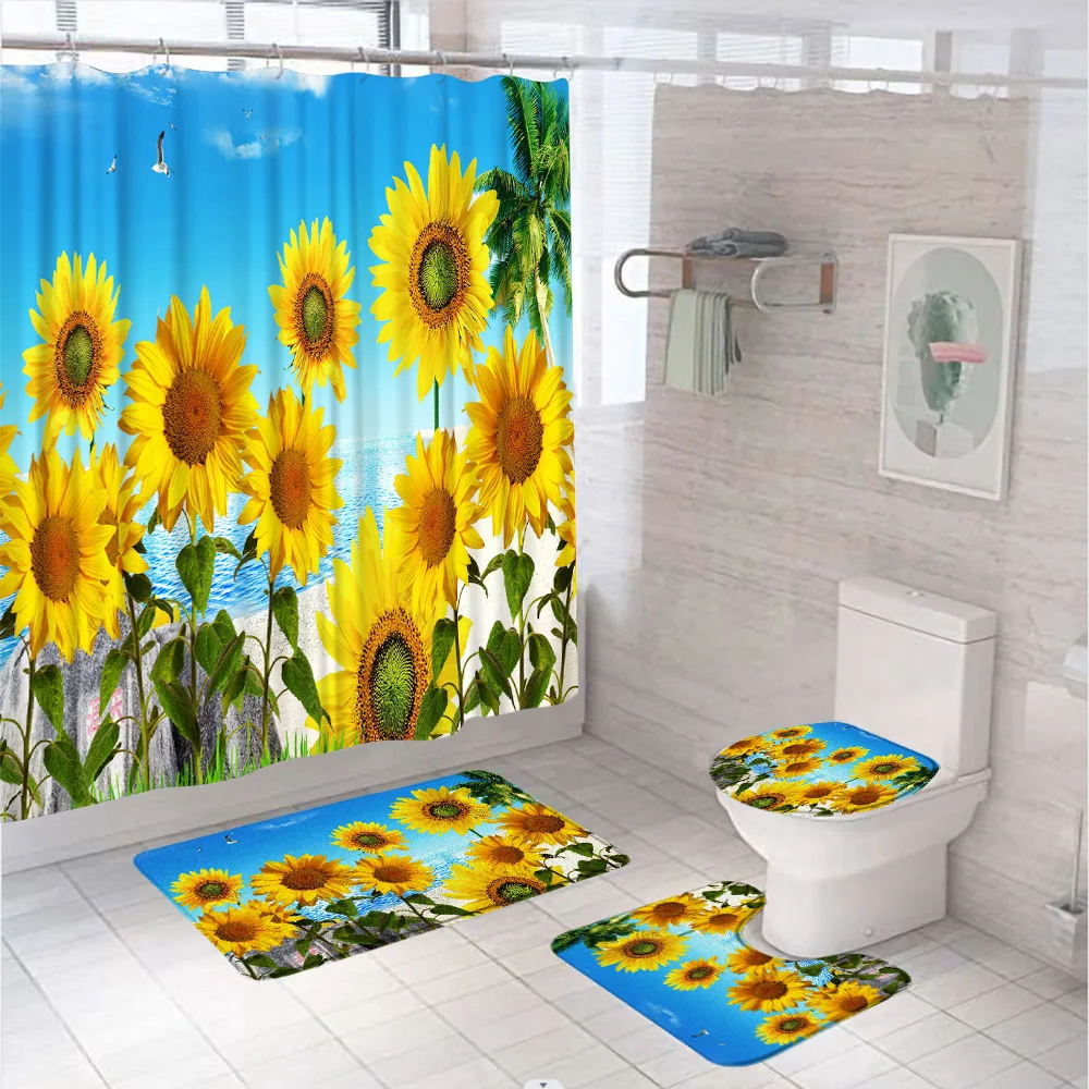 Sunflower Beach Fabric Shower Curtain Set Non-Slip Rug Toilet Cover Bath Mat Yellow Floral Ocean Palm Tree Bathroom Decor Screen