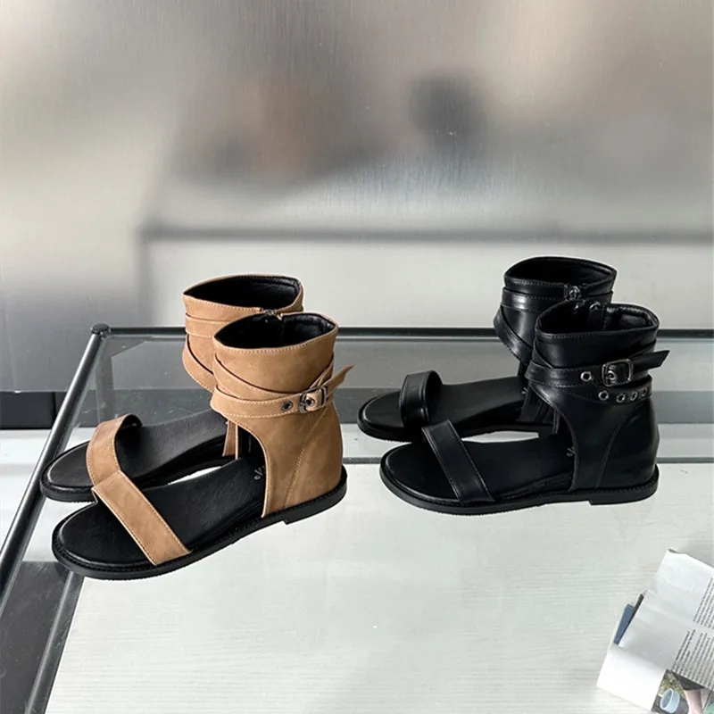 New Open Toe Ankle Boots Women Summer Fashion Rivets Belt Buckle Design Square Heel High-top Flat Sandals Elegant Leather Boots