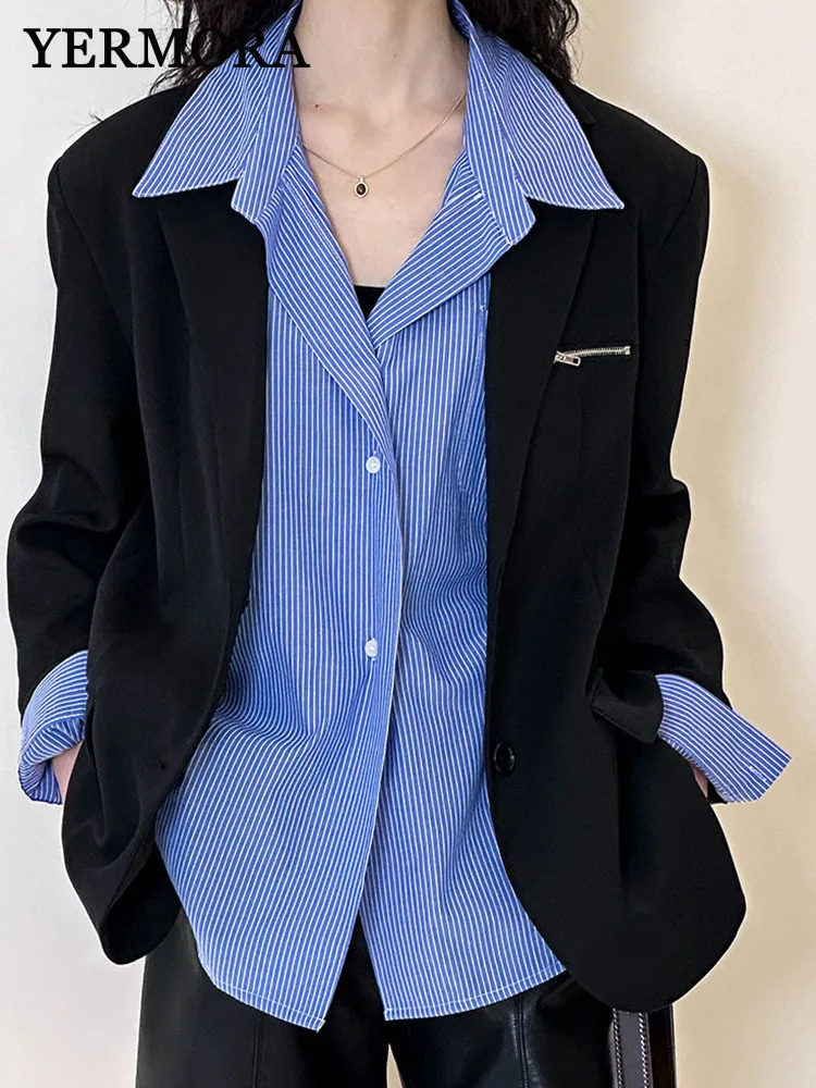 

YERMORA черная молния с украшением на пуговицах повседневный пиджак с лацканами и длинным рукавом женская свободная новая куртка модная весна осень 2025