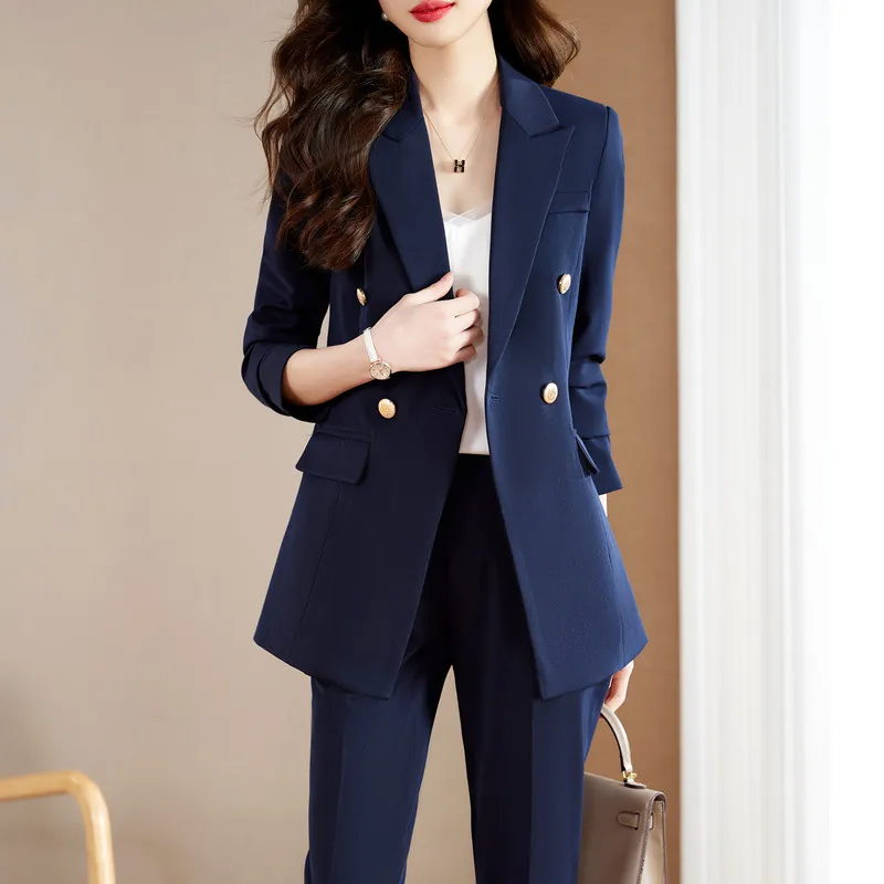 NAVIU-traje azul marino para mujer, conjunto de Blazer y pantalones delgados formales, ropa de trabajo de oficina, moda profesional, Otoño, nuevo