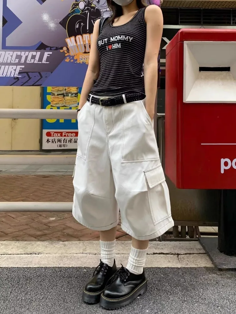 Summer Women's Bright Line Decoration Shorts High Waist Wide Leg Half Pants Female Streetwear Unisex Calf-length Trousers