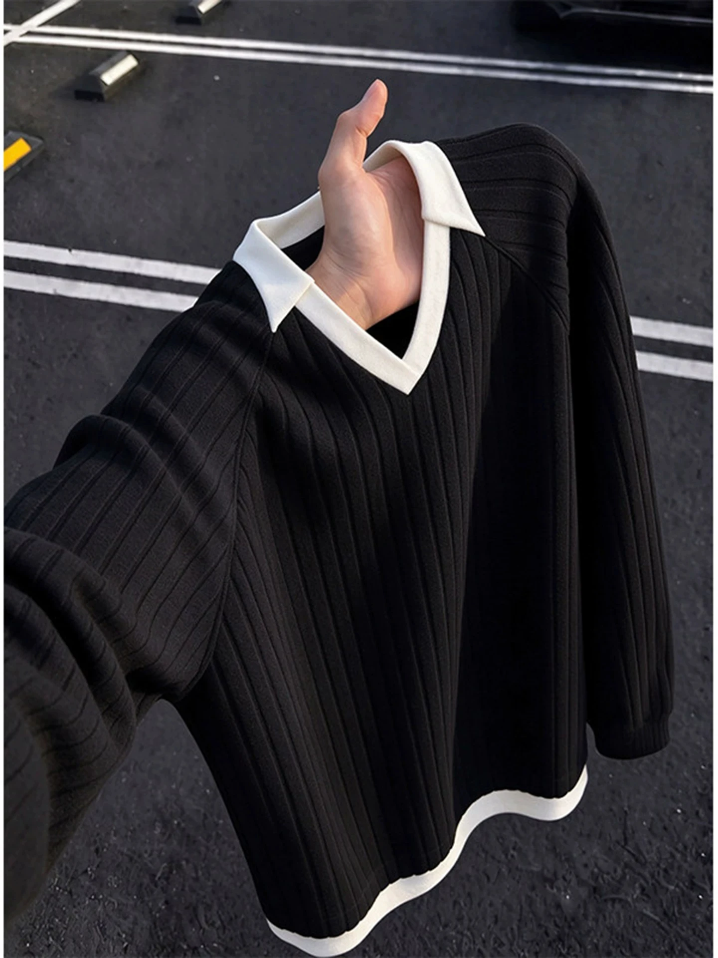 American Retro Lazy Style Men's Sweatshirt V-Neck Loose Shoulder Sleeve Striped Casual Versatile Overhead Shirt Autumn Wear