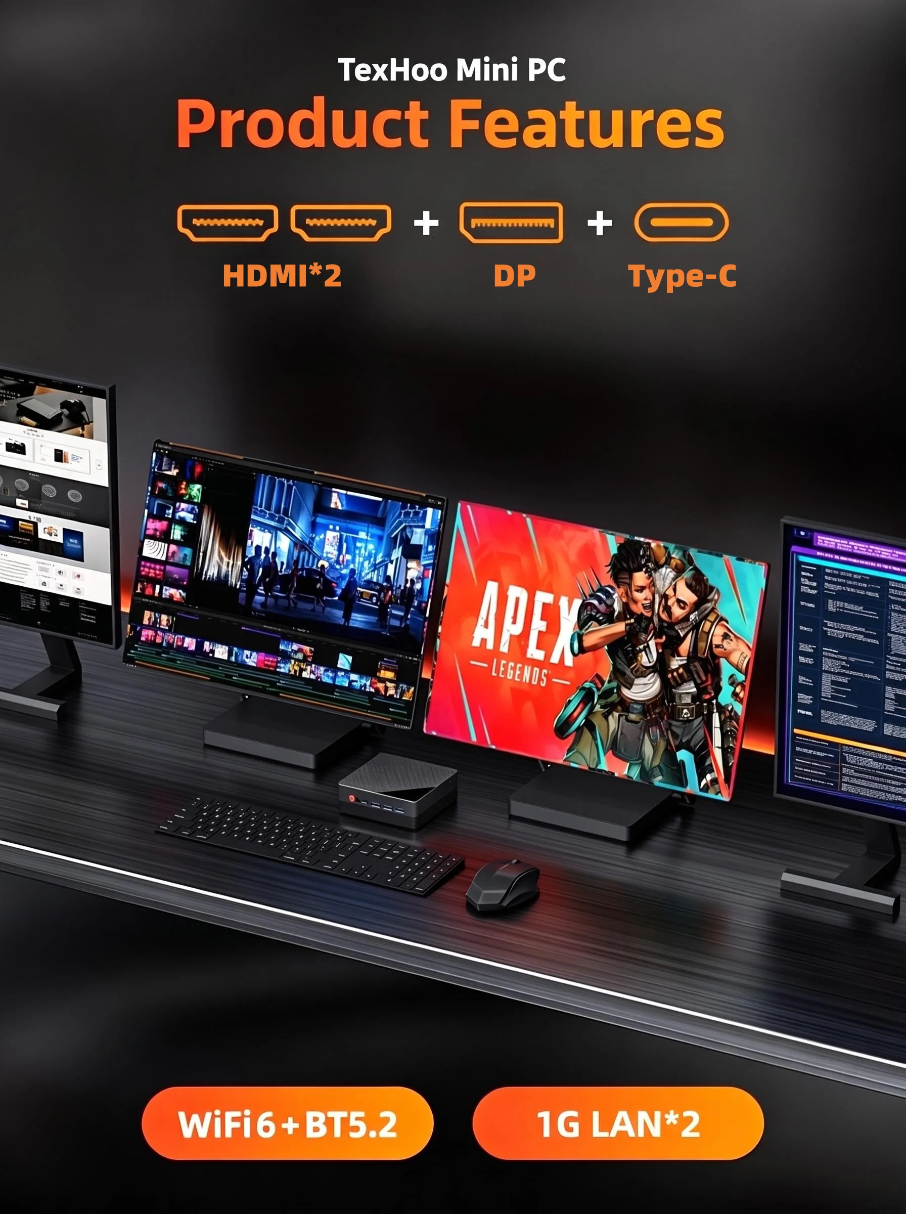 TexHoo Mini PC AMD Ryzen 3 5425U 4300U Dual LAN 4K Display DP+2xHDMI DDR4x2, NVMe/SATA M.2 for Soft Router Firewall NAS Computer