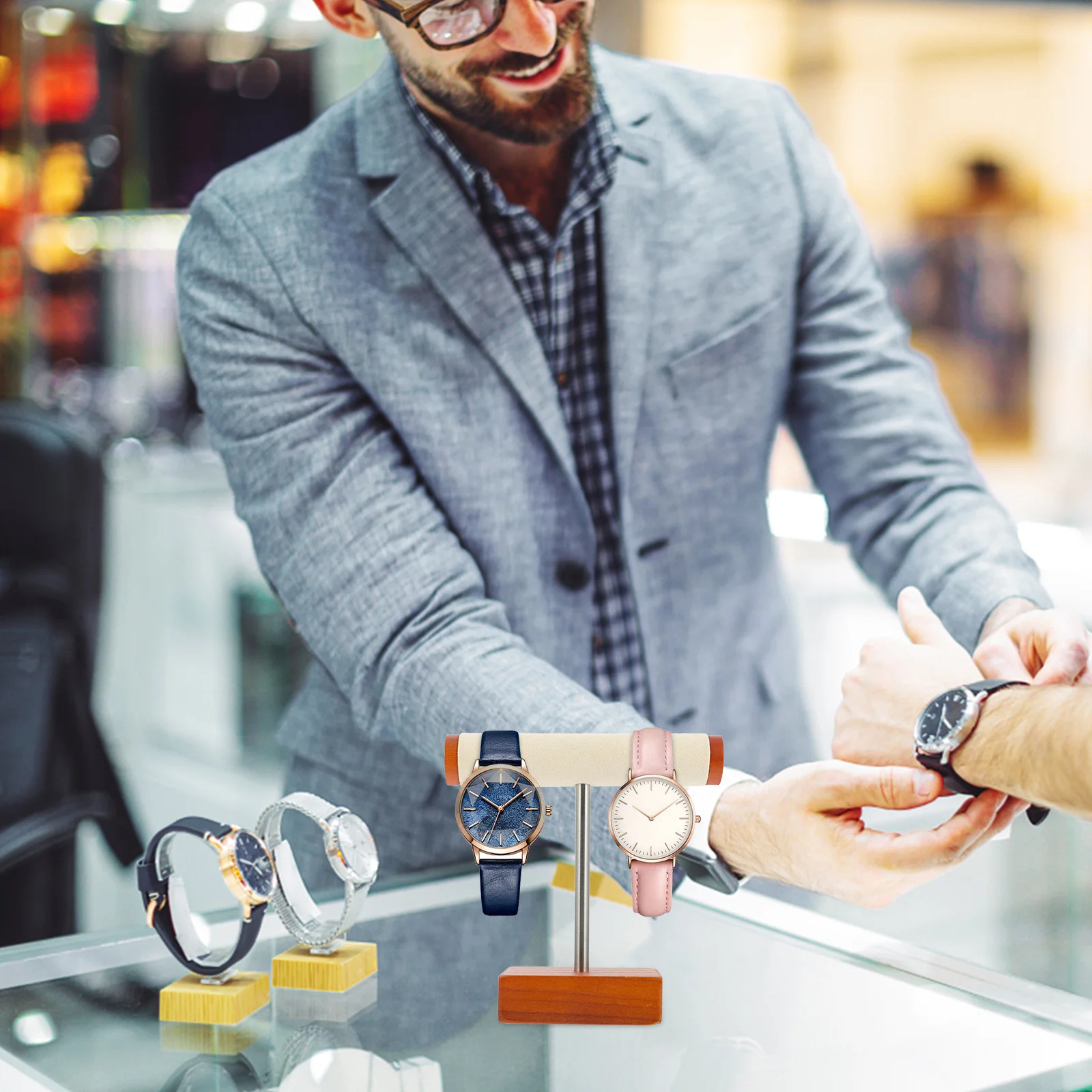 

Solid Wood Jewelry Display Stand Metal T-Bar Organizer for Watches Bracelets Hairband Durable Jewelry Holder Rack Bedroom Store