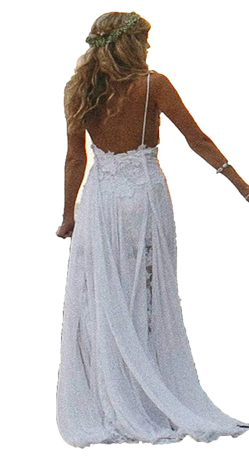 Sexy Spaghetti Boho Chiffon Beach Wedding Dresses Summer High Split Backless Lace Bohemia Bride Wedding Gowns vestidos de novia