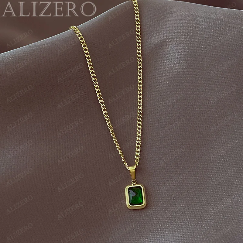 925 Sterling Silver Green Zircon Square Pendant Necklace For Women Men Creativity Gift Street All-match Party And Daily Wear