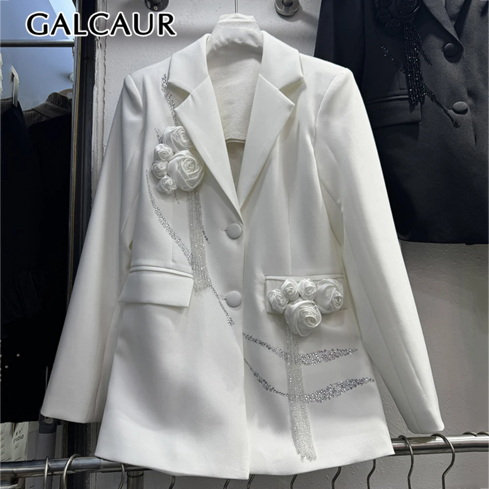

GALCAUR однотонный утягивающий блейзер с 3D цветами для женщин, модное пальто с лацканами и длинными рукавами в стиле пэчворк с кисточками, женская одежда, новинка