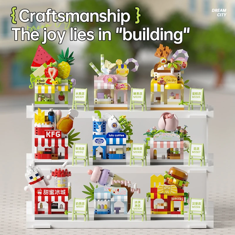 City Street View Mini Commercial Street Building Block, fai da te Flower Shop Coffee Fruit Cake House Assembly Toys, per i regali dei bambini