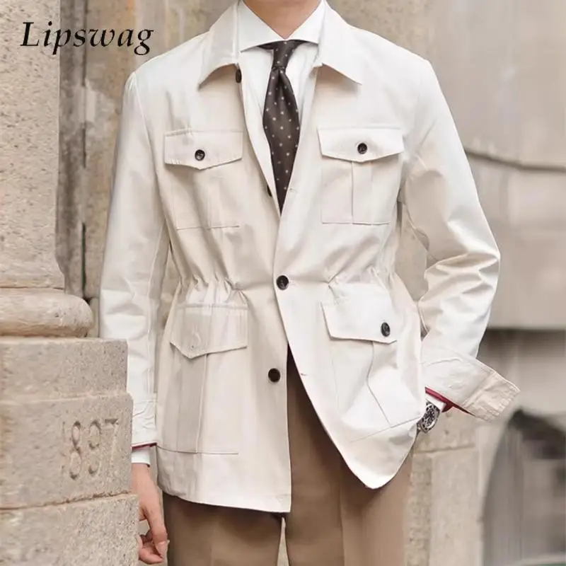 Stylová jednořadá úzká bunda pro muže 2026 Jaro Podzim Moderní jednobarevné cargo bundy s více kapsami Vintage pánské kabáty - náhled 2