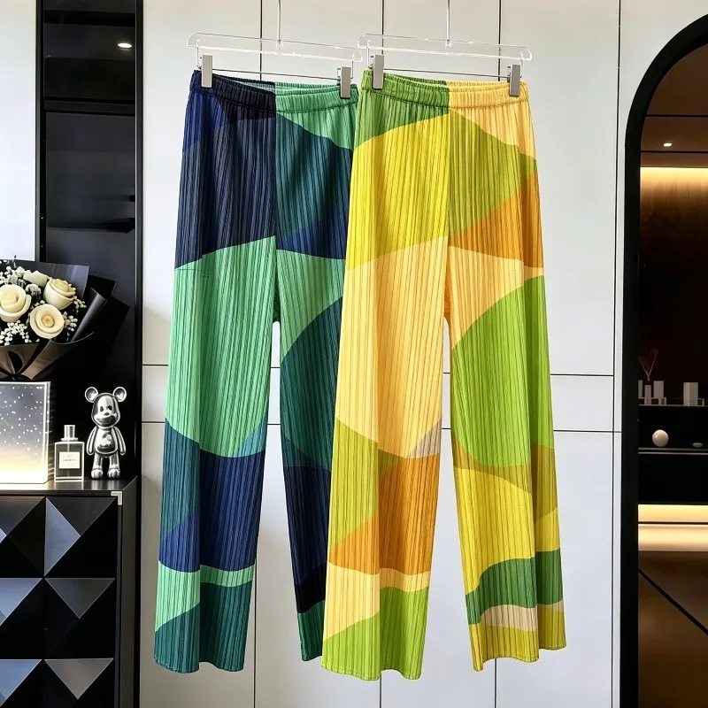 Pleated Women's Wide-Leg Pants Autumn New Simple Casual Fashion Color-Block Print Elastic Waist Straight Drape Women's Trousers