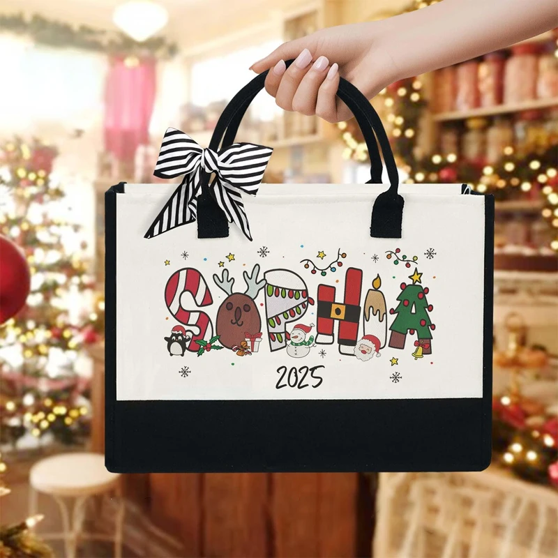 

Рождественские черно-белые холщовые сумки с индивидуальным именем, подарочная сумка на канун Рождества, аксессуары для украшения праздничной вечеринки