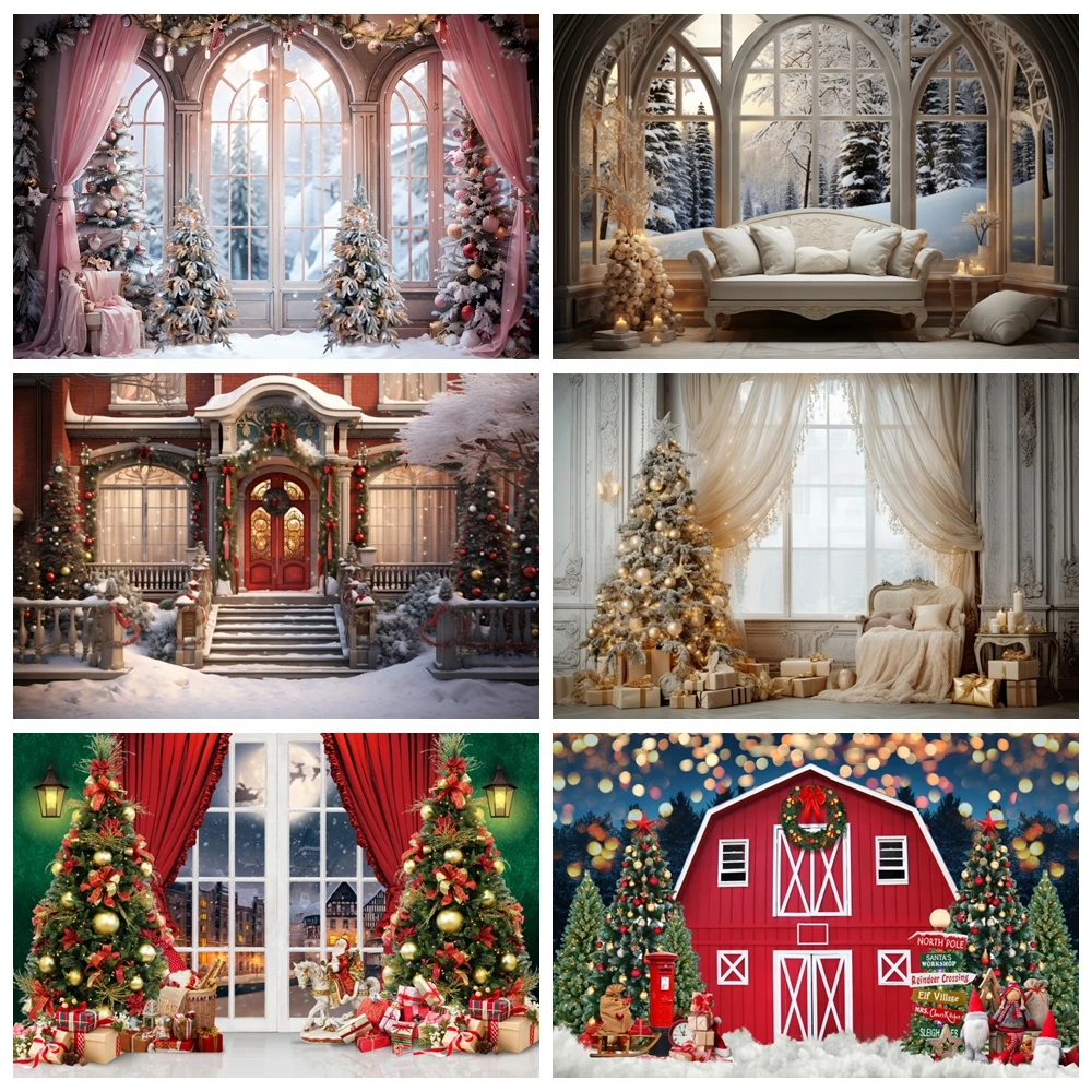 Christmas Backdrop for Photography Winter Window Fireplace Gift Xmas Tree Kids Family Portrait Interior Background Photo Studio