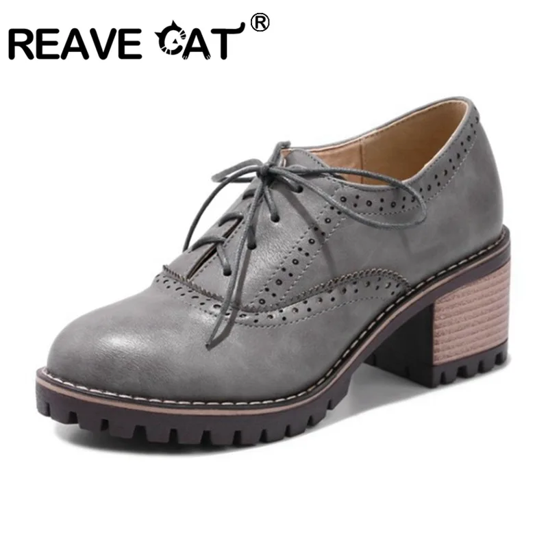 REAVE CAT Chunky Heels Brogue 6cm Pumps Spring Lace Up Vintage Block Mid Heels Carved Shoe Ladies Big Size 43 D001