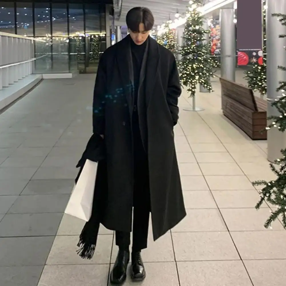 Men Long Woolen Coat Lapel Long Sleeve Solid Color Windbreaker Pockets Two-Button Placket Solid Color Mid-length Trench Outwear