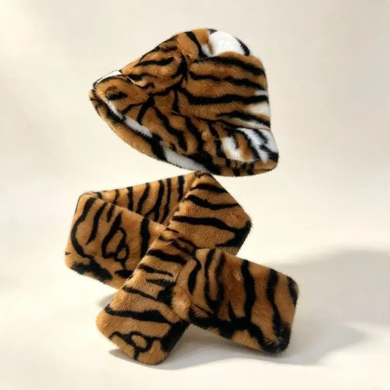 2pc tiger-pattern faux fur fisherman hat and scarf set thickened plush for autumn and winter women's interlocking hats scarves