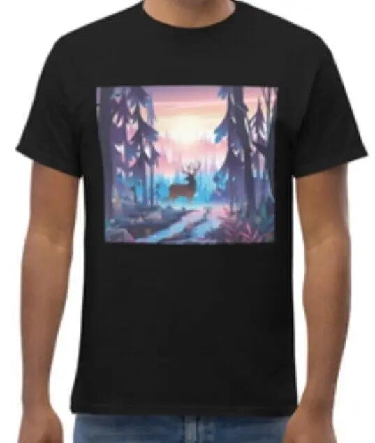 Cervo In t-shirt con grafica colorata blu e rosa foresta natura paesaggio