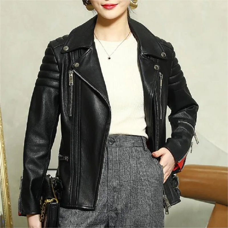 Leather Jacket Women Autumn Goatskin Lapel Zipper Red Stitching Cuffs Belt Slim Fashion Blouson Cuir Femme Motorcycle Short Coat