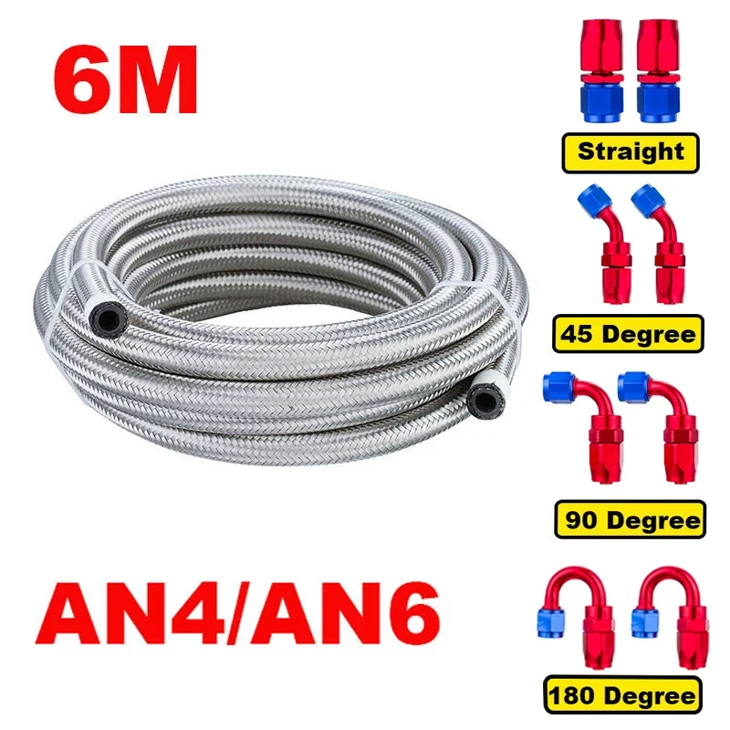 20FT 6M AN4 AN6 Stainless Steel Braided CPE Rubber Car Fuel Hose Line 0/45/90/180 Degree Hose End Fitting Adapters Hose Line Kit