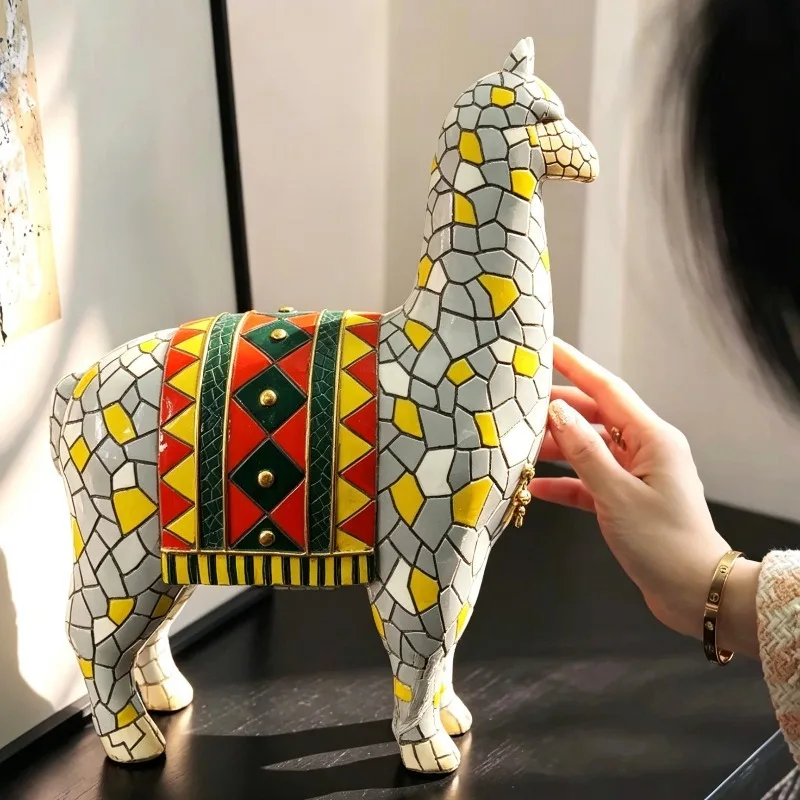 Mosaic Alpaca Statue Resin Llama Figurine Boho Ethnic Animal Sculpture Home Living Room Cabinet Tabletop Decor Ornament Gift