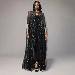 Solid Elegant Patchwork Sequins Dress For Women Round Neck Cloak Sleeves High Waist Spliced Mesh Dresses Female New