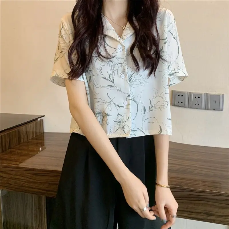 Short Sleeve Printing Blouse Polo Neck Button Thin All-match Short Casual Shirt Tops Summer New Fashion Trend Women Clothing